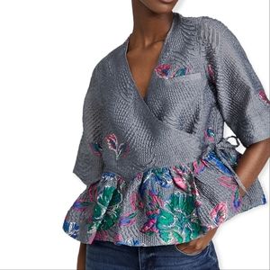 GANNI Metallic Floral V Neck Ruffled Hem Structured Jacquard Wrap Blouse